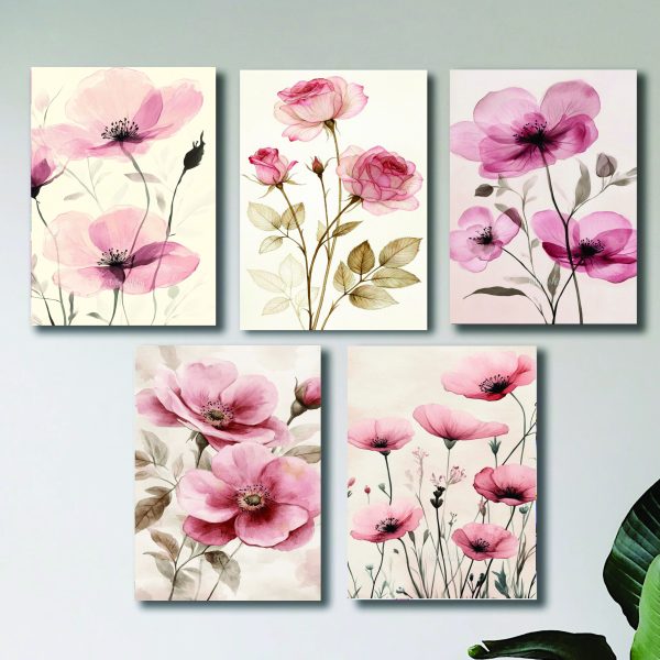Set Of 5 Pink Flowers Floral Wall Art Wooden Sticky Frames For Girls Room Home Decoration / Sticky Phototiles