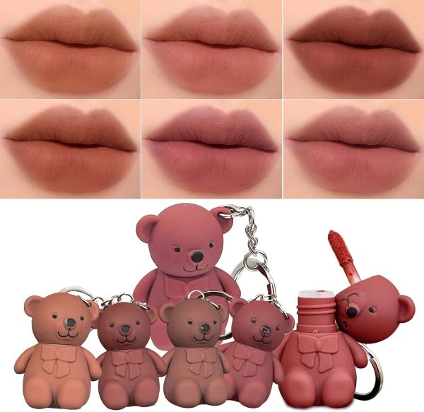6-piece Cute Bear Keychain Liquid Lipstick Set – Mist Matte Velvet Finish, Moisturizing Lip Stain, Waterproof & Long-lasting Lip Gloss (6 Colors)