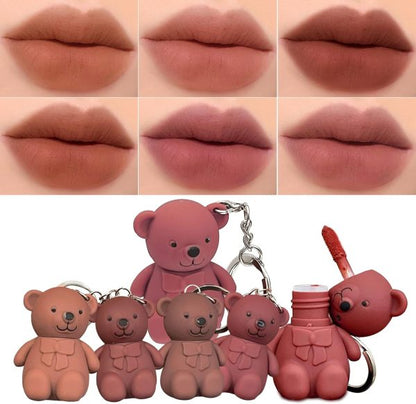 6-piece Cute Bear Keychain Liquid Lipstick Set – Mist Matte Velvet Finish, Moisturizing Lip Stain, Waterproof & Long-lasting Lip Gloss (6 Colors)