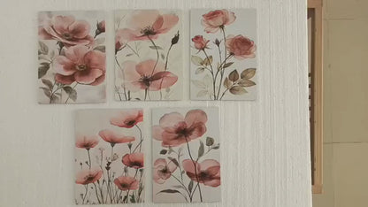 Set Of 5 Pink Flowers Floral Wall Art Wooden Sticky Frames For Girls Room Home Decoration / Sticky Phototiles