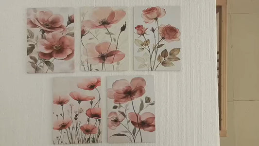 Set Of 5 Pink Flowers Floral Wall Art Wooden Sticky Frames For Girls Room Home Decoration / Sticky Phototiles