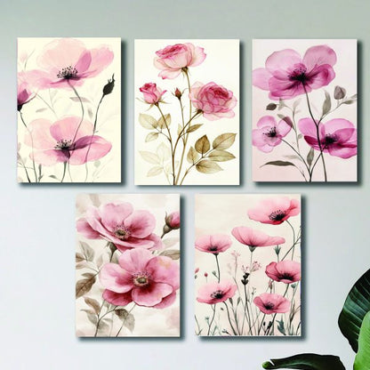Set Of 5 Pink Flowers Floral Wall Art Wooden Sticky Frames For Girls Room Home Decoration / Sticky Phototiles